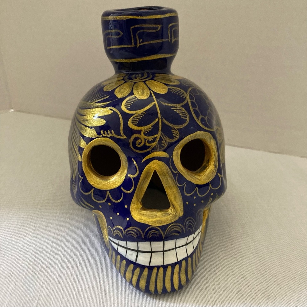 Blue & Gold Ceramic Sugar Skull Vase | Day of the Dead Decor | Hand Painted - Picture 2 of 9